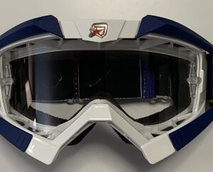 ARIETE GOGLE RIDING CROWS BASIC KOLOR BIAŁY/GRANATOWY/ŻÓŁTY, SZYBKA ANTI FOG, ANTI SCRATCH, UV, ROLL-OFF READY, GĄBKA 2 WARSTWOWA