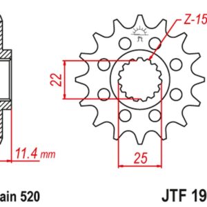 JT ZĘBATKA PRZEDNIA 1252 15 Z GUMĄ KTM LC4 400/600/620/640/690 (125215JTRB) (ŁAŃC. 520)