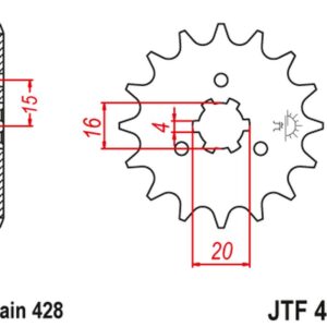 JT ZĘBATKA PRZEDNIA 416 14 KAWASAKI KX 125 '77-79', KC/KE/KH/KS/KE/KM 90/100/125/175 '77-98' (41614JT) (ŁAŃC. 428)