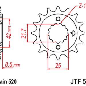 JT ZĘBATKA PRZEDNIA 525 14 KAWASAKI ZXR 400, KLE 500 '91-'96 (-1), GPZ 500S (-1) (52514JT) (ŁAŃC. 520)