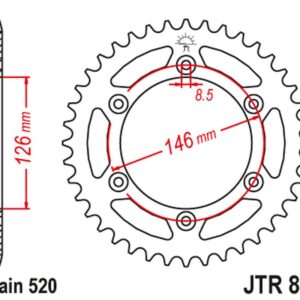 JT ZĘBATKA TYLNA 808 53 SUZUKI RM 125 '80-91, '06-12, RMX 450 '10-19, (80853JT) (ŁAŃC. 520)