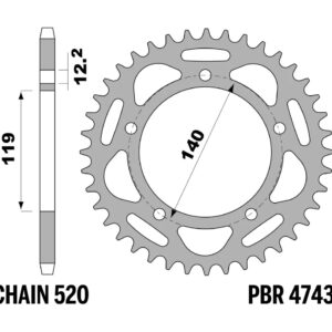 PBR ZĘBATKA TYLNA ALUMINIOWA (ERGAL) 4743 44 BMW M 1000 RR '21-'26, S 1000 RR '24-'26 MODYFIKACJA NA ŁAŃCUCH 520 (MADE IN ITALY)